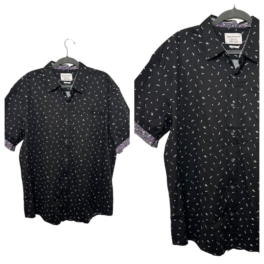 Paper Denim & Cloth Mens 1X Black Floral Button-Up Short Sleeve Casual Shirt